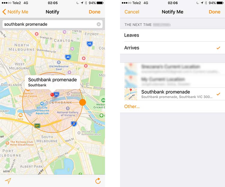 Activa las notificaciones en "Find My Friends" para cuando tu esposo llegue a la zona marcada